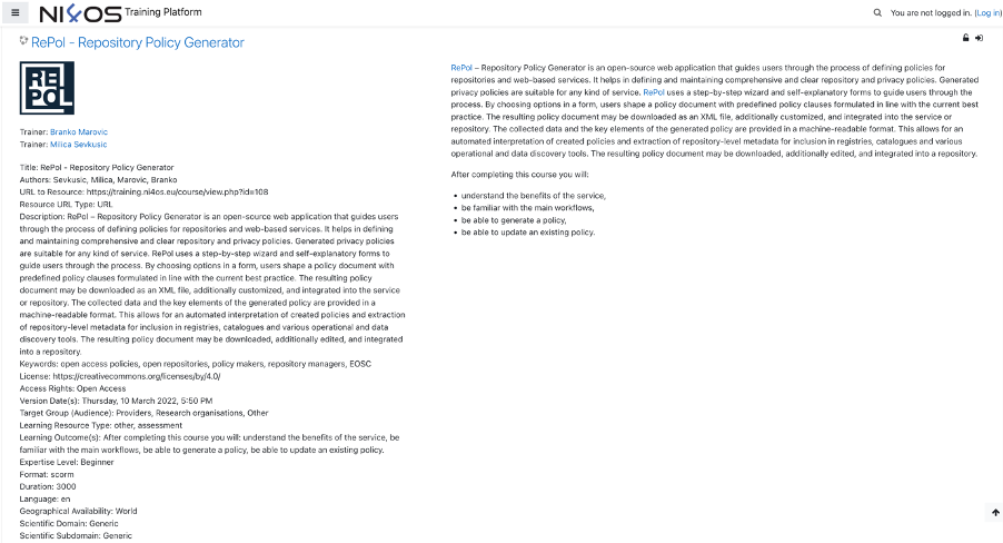Figure 12 Example metadata for the RePol course