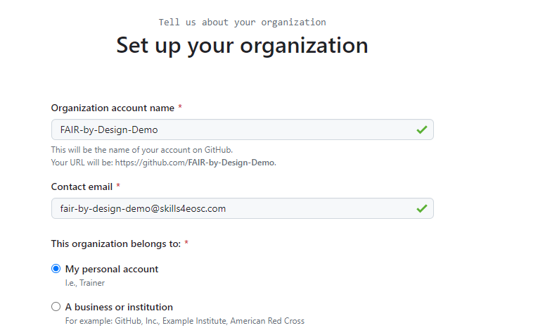 GitHub Screenshot - Filling Out the Form for a New Organization