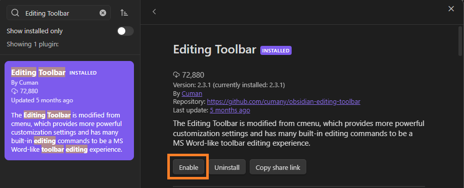 Obsidian - Enabling the Editor Toolbar Plugin After Installation