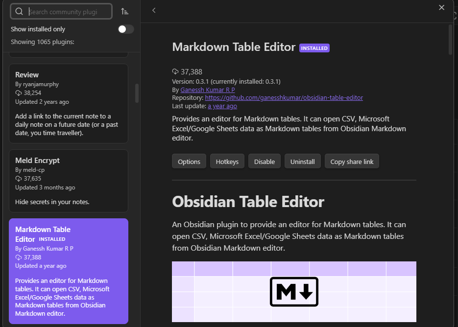 Obsidian - Installing the Markdown Table Editor Plugin