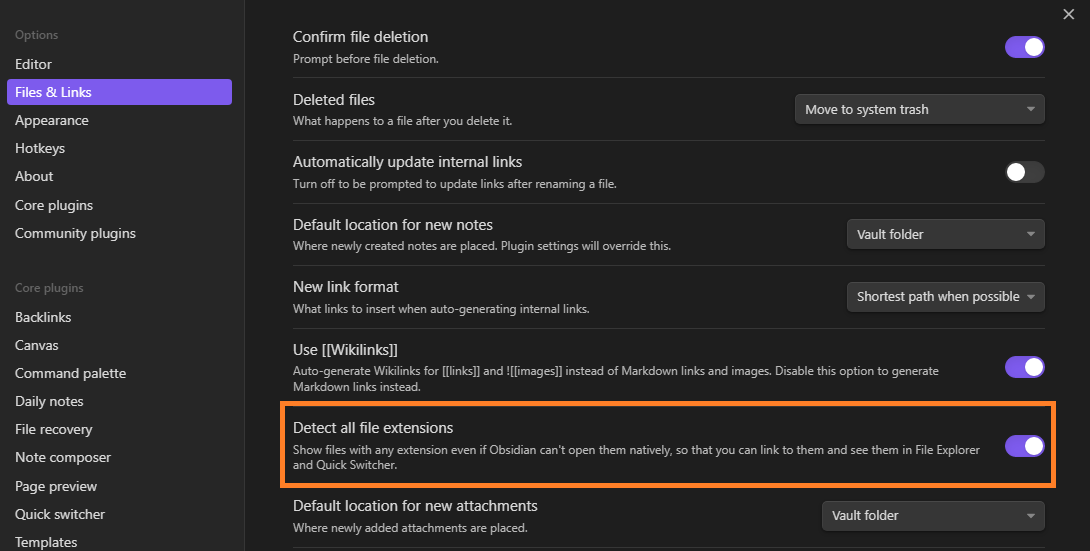 Obsidian - Enabling Visibility of All File Extensions