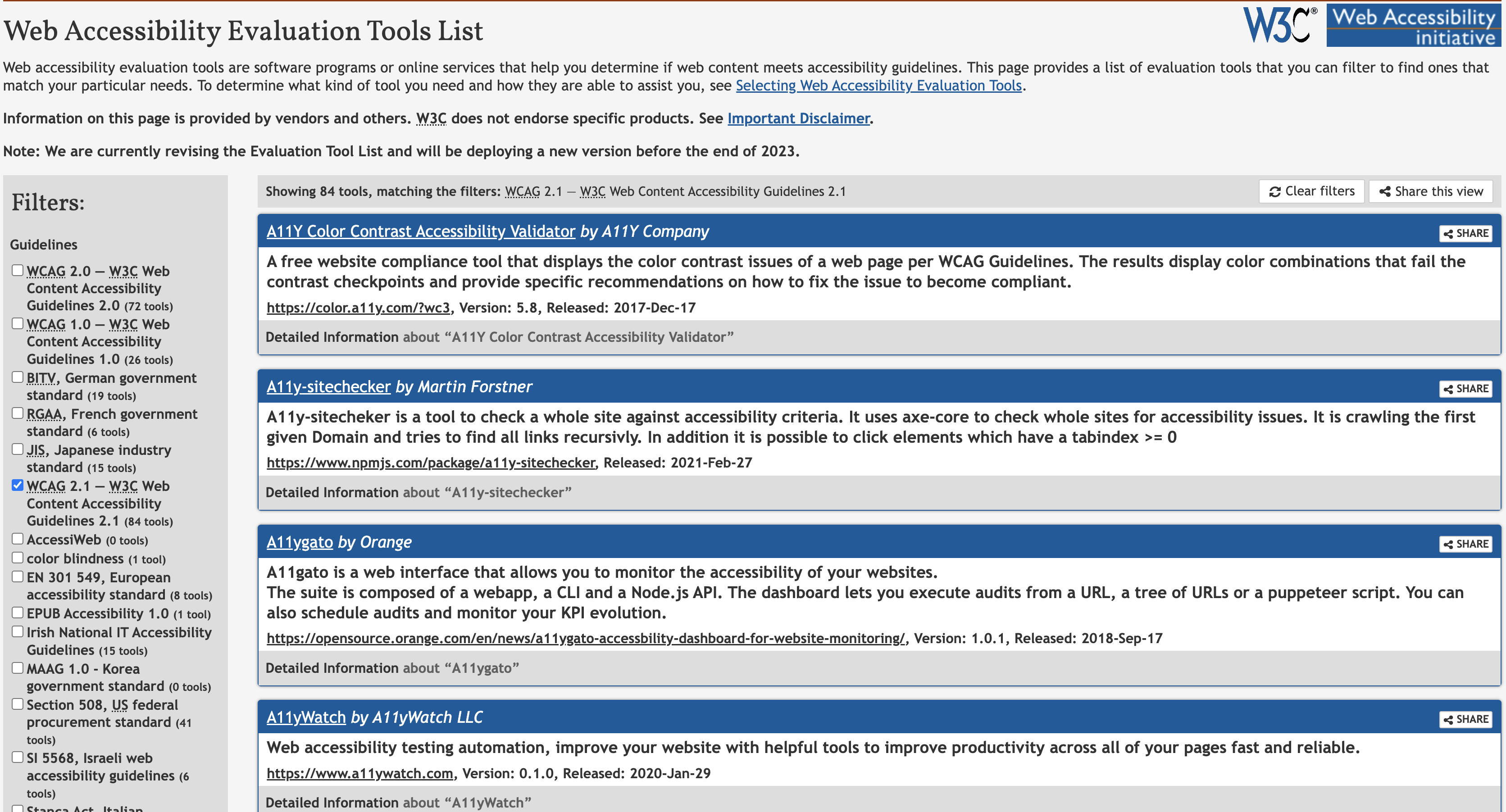 W3C Accessibility Evaluation Tools List snapshot